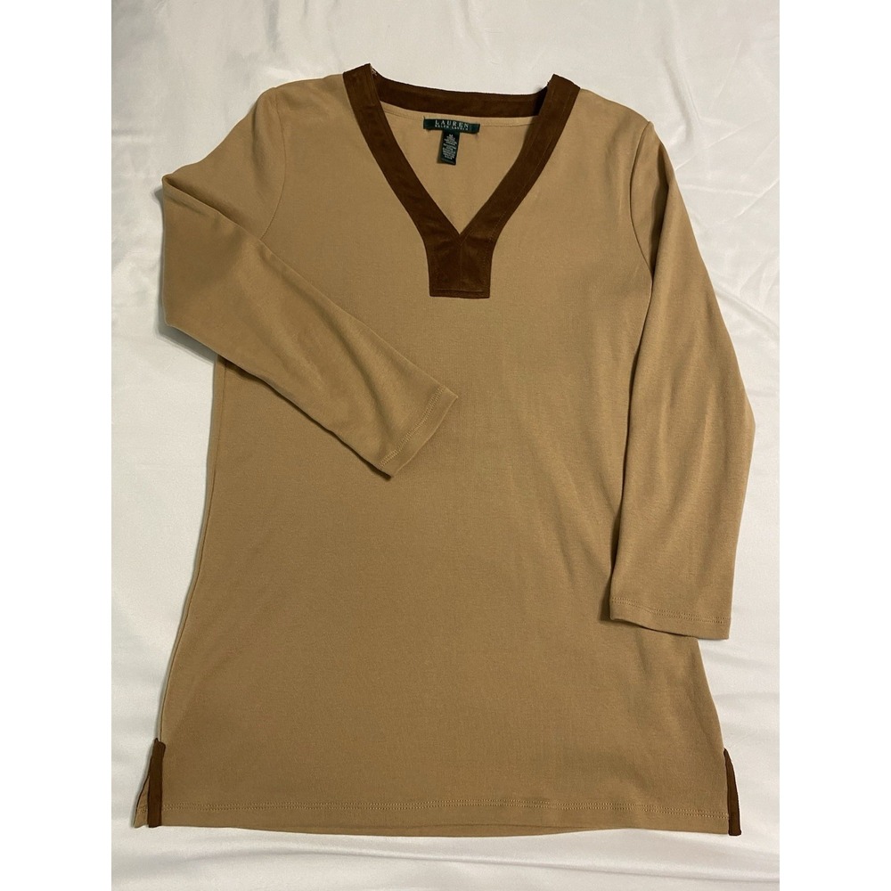 Lauren Ralph Lauren Camel Tan Cotton V-Neck Top Faux Suede Trim Size M Tunic